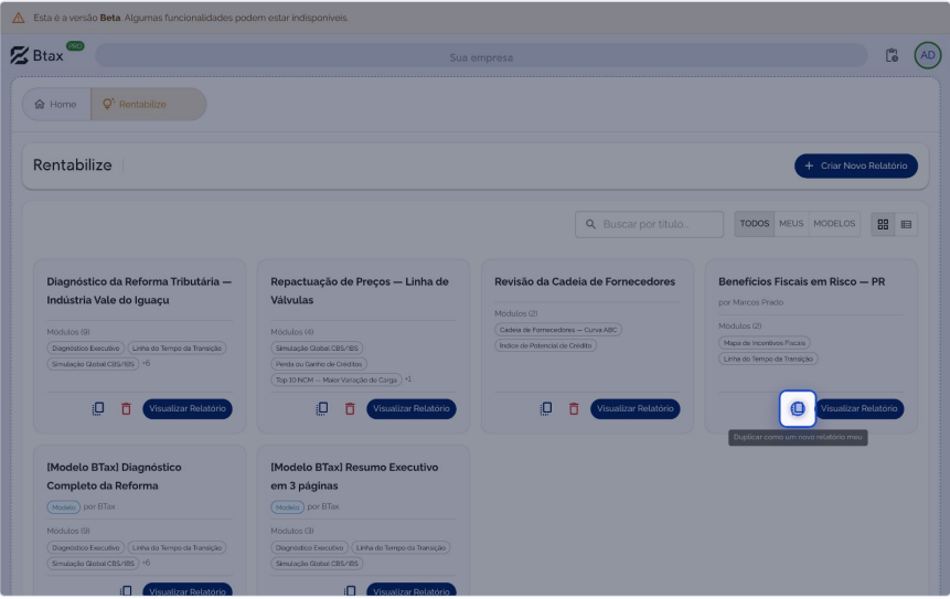 Ícone para duplicar o relatório no card do Rentabilize, na Btax